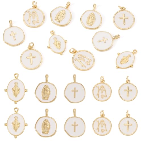 Craftdady Golden Plated Enamel Pendants White Oval Flat Round Dangle Charms for DIY Earrings Necklace Bracelet Making - color: Golden Virgin Mary-5 Styles