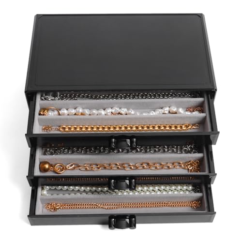 YUFONG Necklace Holder Organizer, Dustproof Necklace Box Velvet Necklace Organizer Box with Lid Clear Acrylic Dustproof Stackable Jewelry Displays for Necklaces Chain Display (Black Gray, 3 Drawer) - color: Black Gray, size: 3 Drawer