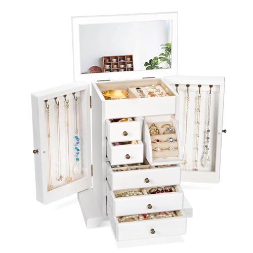 Jewelry Box for Women, Rustic Wooden Jewelry Boxes & Organizers with Mirror & Drawers,6 Layer Jewelry Organizer Box for Rings Earrings Necklaces Bracelets ((Weathered White) - color: Weathered White