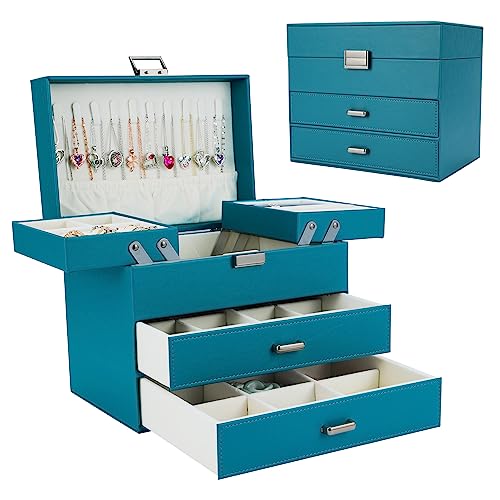 Dajasan Jewelry Box Organizer, Jewelry Holder Organizer Box, 4 Layers Leather Jewelry Storage Box, Gift Idea for Women, Girlfriends, Wife or Mother (Blue) - color: Blue + Silver