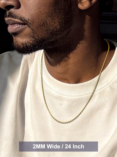 Bandmax Solid 1.5mm/2mm/3mm/6mm Rope Chains for Men Women 14K Gold Plated/Black Plated Stainless Steel Twist Chain 16-30 Inches, with Gift Box - color: 05 2MM Gold Plated