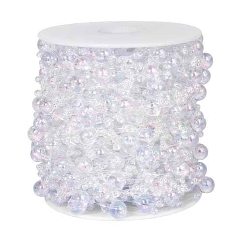98FT Pearl Beads String Garland, 8mm 3mm Iridescent Faux Pearl Beads Roll Strand Bulk for Wedding Party Flower Christmas Decoration DIY Craft - color: Rainbow Transparent Pearls, size: 98FT