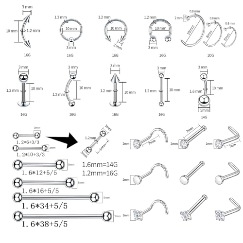 TKKUY 80PCS Nose Piercing Kit: Stainless Steel Body Piercing Jewelry with 12G, 14G, 16G, 20G Needles for Ear, Nose, Lip, Eyebrow