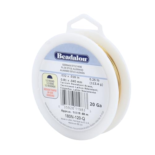 Beadalon German Style Wrapping Wire, Half Round, Tarnish Resistant Brass, 20 Gauge, 63 ft - color: Gold, size: 20 gauge/.032 In-Approx. 63.8 ft