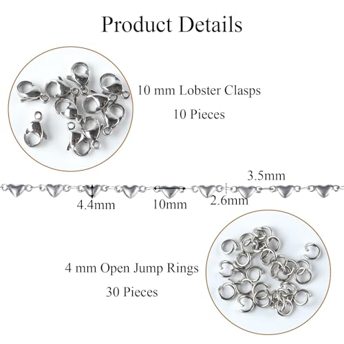 Jabogrii 13 Feet Silver Stainless Steel Jewelry Making Chains Bulk Handmade Heart Chain for Jewelry Making - color: Heart Silver