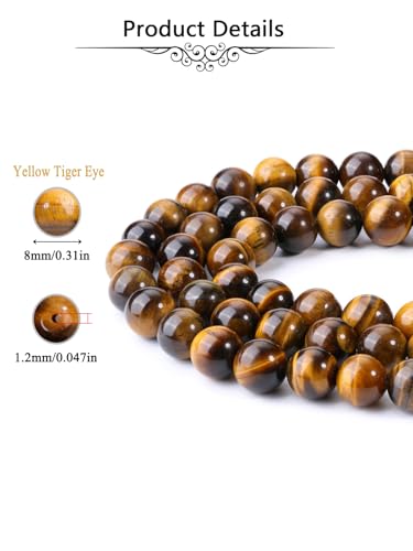 Jovivi 8mm Natural Tiger Eye Gemstone Beads for Jewelry Making,96pcs Energy Healing Crystals Polished Round Smooth Stone Beads,Genuine Real Stone Beads for Bracelet Necklace - color: Tiger Eye