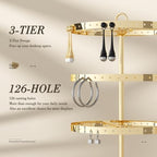 3 Tiers Earring Holder Organizer, Metal Rotating Earring Stand Adjustable Display Tree, 126 Holes Carousel Rack for Stud Hoop Pierced Dangling Women, Perfect View for All Earrings (Gold) - color: Gold