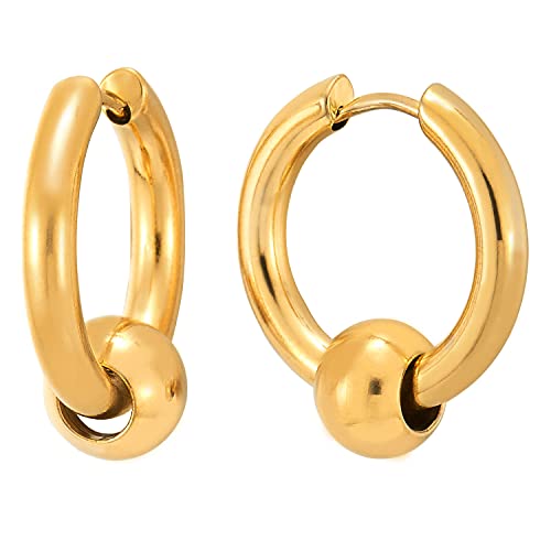 Stainless Steel Circle Beads Huggie Hinged Hoop Earrings for Men Women, 2pc - color: Gold, size: Diameter:14mm