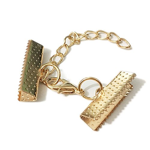 10 Set Ribbon Clamp Crimp Ends Beads with Lobster Claw Swivel Clasps Extension Chain Jump Rings Cords End Caps String Leather Pinch Bails Clip Necklace Bracelet Connectors (KC Gold Crimp 25mm) - color: KC Gold Crimp 25mm