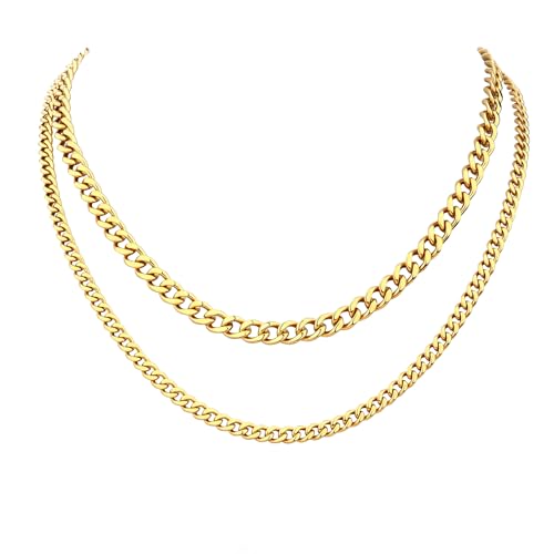 2PCS Cuban Link Chain Set for Men - Gold/Silver Plated Stainless Steel Layered Chain Necklace Non-Tarnish Jewelry Gift 16"/18", 18"/20", 20"/22", 22"/24" - color: Gold Chain, size: 20inch+22inch