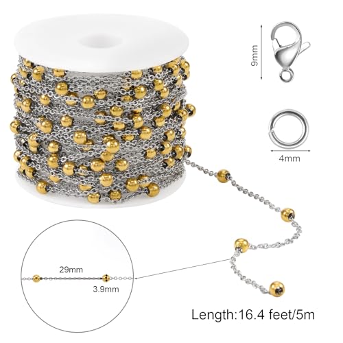 SMYHTGLIF 16.4 Stainless Steel Cable Chain Gold Bead Chain for Jewelry Making DIY Craft Jewelry Making Supplies - color: Bead Gold