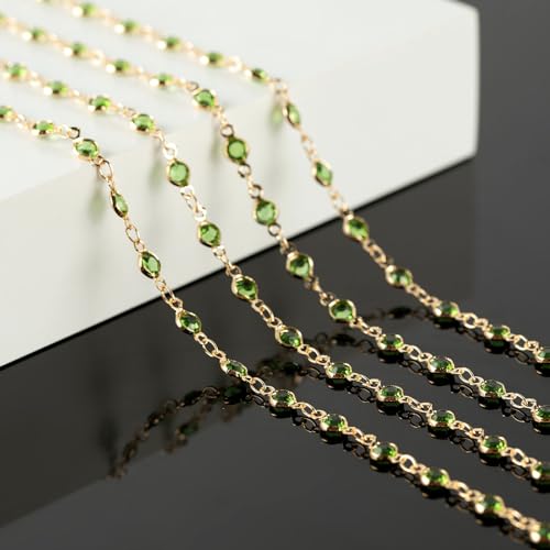 KYUNHOO 16.4ft Jewelry Chain for Crafts Making, Green Glass Bead Necklace Chains Bulk for Women with Jump Rings and Lobster Clasps Jewelry Findings - color: Green Bead-Gold