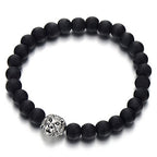 COOLSTEELANDBEYOND Lion Head Mens 8MM Black Onyx Beads Bangle Link Bracelet, Prayer Mala