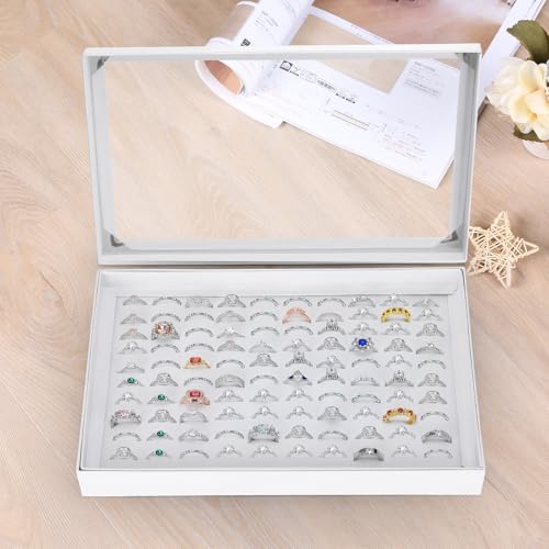 KUKUVR 100 Slots Ring Earring Holder Display Case, Velvet Jewelry Ring Earring Storage Organizer Box Tray with Clear Lid for Women And Selling Show (White) - color: White