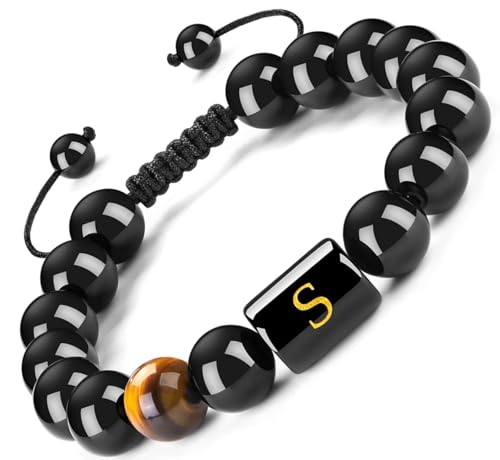 FRG Initials Bracelets for Men Letter Link Handmade Natural Black Onyx Tiger Eye Stone Beads Braided Rope Meaningful Bracelet - style: Braided rope-S