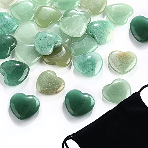 Patelai 24 Pcs Green Aventurine Heart Crystals Green Heart Shaped Worry Stones for Stress Relief, Mental Health Month, Reiki Balancing, Mini Pocket Gemstones Valentines Gift with Black Flannelette Bag - color: Green