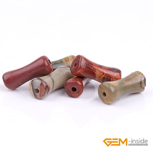 GEM-Inside 30Pcs 5x12mm Natural Dark Red Picasso Jasper Stone Plant Bamboo Knot Bone Charms Beads for Jewelry Making Power Energy Chakra Stone Beads - color: Dark Red Picasso