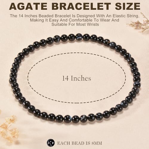 14in Agate Wrap Bracelet for Women Men Natural Round Beaded Agates Stone Healing Stretch Bracelets Elastic Handmade Polished Gemstone Beads Bracelet - color: Black White Agate, size: 8mm Beads