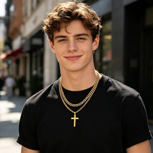 SENRAN Layered Cross Necklace for Men Boys Stainless Steel Layered Cuban Link Chain 16-24 inch Christian Cross Pendant Religious Jewelry Gifts - color: Gold, style: 18inch/20inch