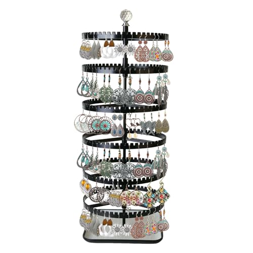 IDavosic.ly 6-layer rotating earring holder storage rack, adjustable plastic pendant display stand with 348 grooves on the tree strap, large circular storage tower, black - color: A Black