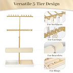 Tirzah 3-Tier Adjustable Jewelry Holder Organizer Stand with 20 Necklace Hooks, 18 Earring Holes and Notches, Bracelet Holder, 6 Ring Rolls, Jewelry Tray for Girls, Women - color: Gold & White, for Necklace Earring Bracelet