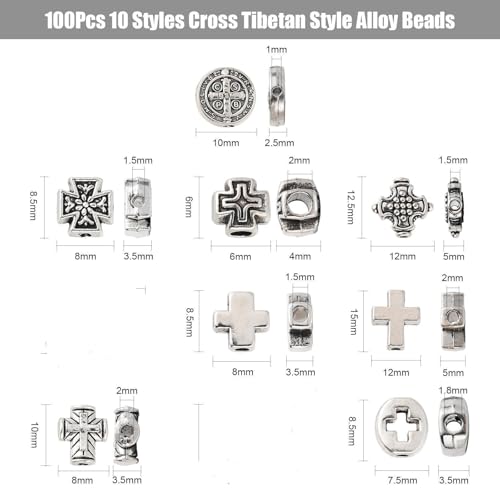 DanLingJewelry 100Pcs 10 Styles Tibetan Cross Crucifix Spacer Beads Antique Silver Religious Cross Beads for Jewelry Crafts Making Supplies - color: 100pcs - cross - 10 styles