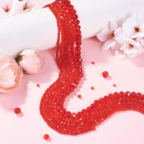 6 Strands Faceted Crystal Glass Beads Strands 3/4/6/8mm Rondelle Electroplate Glass Loose Spacer Beads Pearl Luster Plated for DIY Bracelet Necklace Jewelry Making, Red - color: 2/3/4/6/8mm-Red