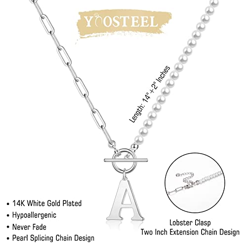 Yoosteel Pearl Initial Necklace for Women, Dainty Pearl Chain Choker Initial Necklaces for Women Toggle Clasp Paperclip Link Chain Necklace Jewelry Gifts - color: Silver, style: E