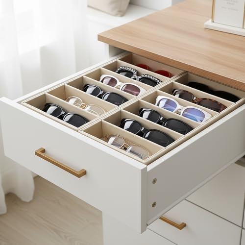 2 Pack Sunglasses Organizer Tray 6 Grid Jewelry Glasses Holder Storage Organizer Drawer Eyeglasses Sunglasses Display Velvet Tray for Women Glasses Jewelry Display Watch (Beige)