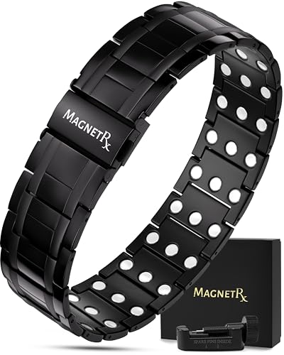 MagnetRX® 3X Strength Magnetic Bracelets for Men – Effective Titanium Mens Magnetic Bracelet – Premium Fold–over Clasp & Adjustable Length with Sizing Tool & Gift Box (Black) - color: Black (3X Strength)