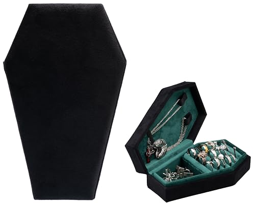 Velvet Coffin Jewelry Travel Case Holder for Gothic Wedding Ceremony Jewelry Organizer Decoration (Black and Green) - color: Black and Green