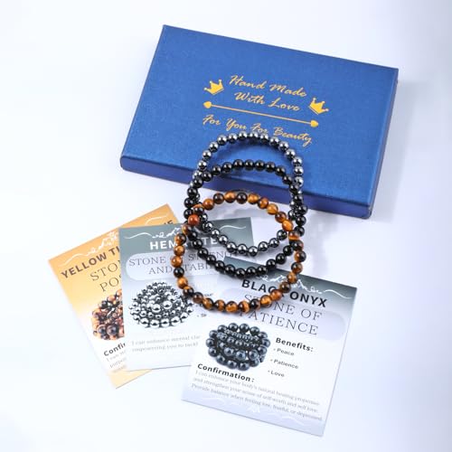 NCB 2.3-Piece 4mm Natural Crystal Gemstone Stretch Bracelets – Handmade Reiki Energy Healing Jewelry for Meditation,Yoga, Unisex - color: 3PCS ( Black Onyx+Hematite+Yellow Tiger's Eye ), size: 6mm