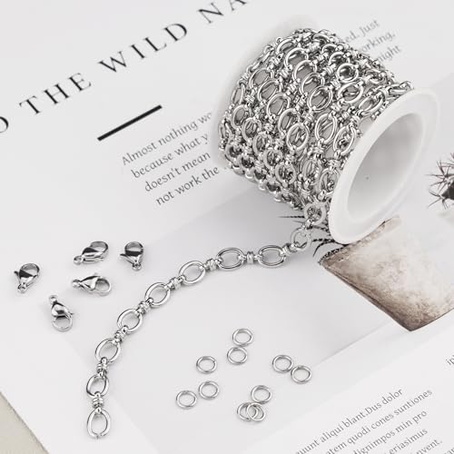 SMYHTGLIF 2 Meters Oval Circle Rolo Jewelry Making Chains Roll Silver Plated Stainless Steel Chain Bulk for Jewelry Making Supplies - color: Cable Silver