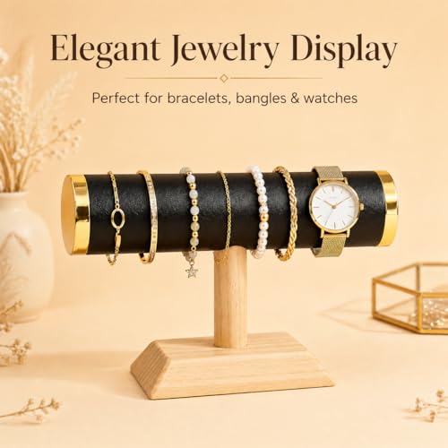 Jewelry Display T-Bar Stand – Elegant Black PU Leather & Natural Oak Wood Base, Space-Saving Organizer for Bracelets, Watches & Bangles - color: Round PU Black