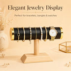 Jewelry Display T-Bar Stand – Elegant Black PU Leather & Natural Oak Wood Base, Space-Saving Organizer for Bracelets, Watches & Bangles - color: Round PU Black