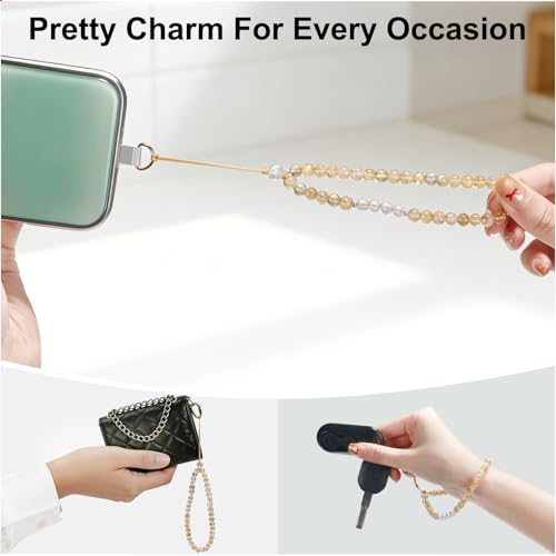 TEAMOLA Natural Stone Phone Charm, Handmade Crystal Cellphone Chain for Universal, Beaded Healing Anti Theft Phone Wrist Strap with Tether Tab, Citrine & Clear Quartz - color: Yellow