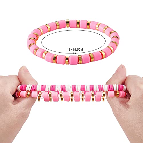 Ornaland 7Pcs Handmade Polymer Clay Heishi Surfer Stretch Bracelets Set Colorful Glass Beads Bracelets Boho Stackable Preppy Bracelets Wrist Jewelry for Women - color: rose Red