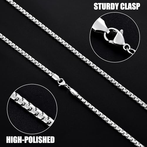 Fiusem Flat Box Chains for Men, 2.5/3/4/4.5/5mm Silver Tone Box Chain Necklace, Stainless Steel Necklaces for Men and Women 16-28 Inches, Jewelry Gift - size: 28 Inches, style: Silver 4MM