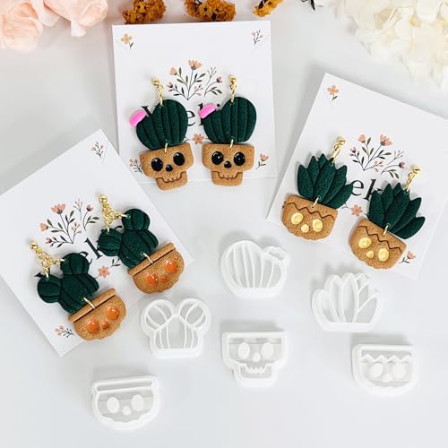 Xaekicr Halloween Cactus Polymer Clay Cutters – 6Pcs Skull Plant Clay Earring Cutters for DIY Halloween Jewelry – Cute Clay Tools for Polymer Clay Crafts - color: T color