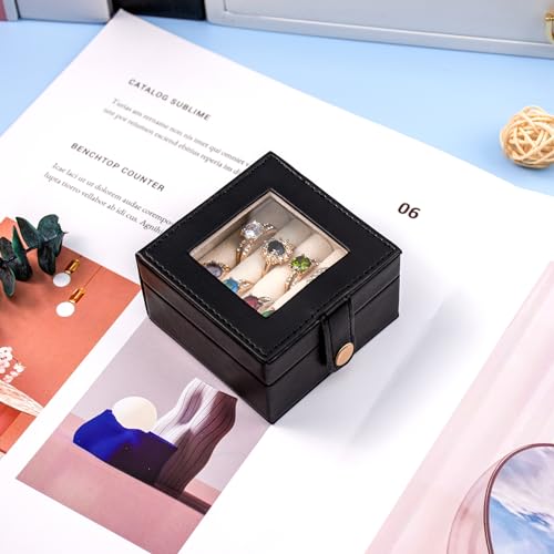 Small Leather Jewelry Box with Glass Top Mini Ring Display Case with 4 Slots for Selling Gift for Girls and Women (Black) - color: Black