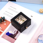 Small Leather Jewelry Box with Glass Top Mini Ring Display Case with 4 Slots for Selling Gift for Girls and Women (Black) - color: Black