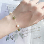 Natural Hetian Jade & Pearls Beaded Necklace Bracelet Jewelry for Women, Lucky Green Jade White Pearl Charm Adjustable Chain Jewelry Gift for Mom Lover her - color: Bracelets