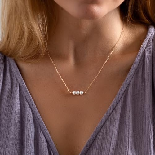 Pearl Necklace for Women- 14K Gold-plated/White Gold-plated Dainty Pearl Necklace for Women - color: Gold 3 pearls