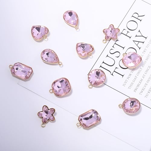 Song Xi Red Shape Random Charms For Jewelry Making Clear Crystal Charms Pendants Bracelets Necklace Earrings Bulk Keychain Arts And Crafts Diy Birthday Gifts For Women AB Color 12pcs - color: Random Shapes - Pink