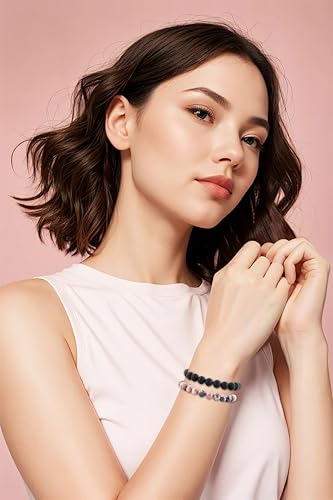 NCB 2.3-Piece 4mm Natural Crystal Gemstone Stretch Bracelets – Handmade Reiki Energy Healing Jewelry for Meditation,Yoga, Unisex - color: 2PCS ( Pink black Rhodonite+Matte Black Agate ), size: 8mm
