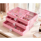 Clear Acrylic Velvet Jewelry Organizer with 3 Drawers, Stackable Display Storage Earrings Necklace Rings Bracelets Box Holder Case for Women, Pink - color: Pink
