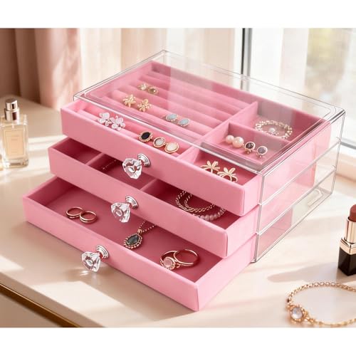 Clear Acrylic Velvet Jewelry Organizer with 3 Drawers, Stackable Display Storage Earrings Necklace Rings Bracelets Box Holder Case for Women, Pink - color: Pink