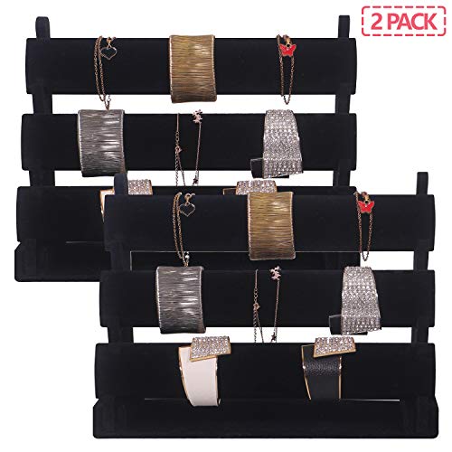 DIOMMELL 2 Pack Velvet Bracelet Holder with 3 Tier Rack, Jewelry Display Stand Watch Bangle Bar Necklace Storage Organizer, Black