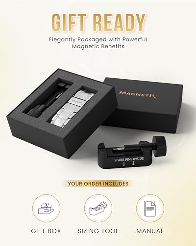 MagnetRX® 3X Strength Mens Magnetic Bracelet – Titanium Magnetic Bracelets for Men – Premium Fold–over Clasp & Adjustable Length with Sizing Tool & Gift Box (Silver) - color: Silver (3X Strength)