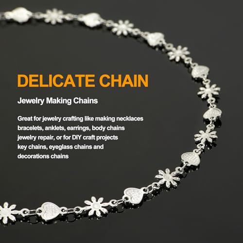 KYUNHOO Beautiful Daisy Flower Chain Roll 13 Feet Embossed Heart Chains for Jewelry Making Stainless Steel Silver Jewelry Supplies for DIY Handcrafts - color: FLower Silver
